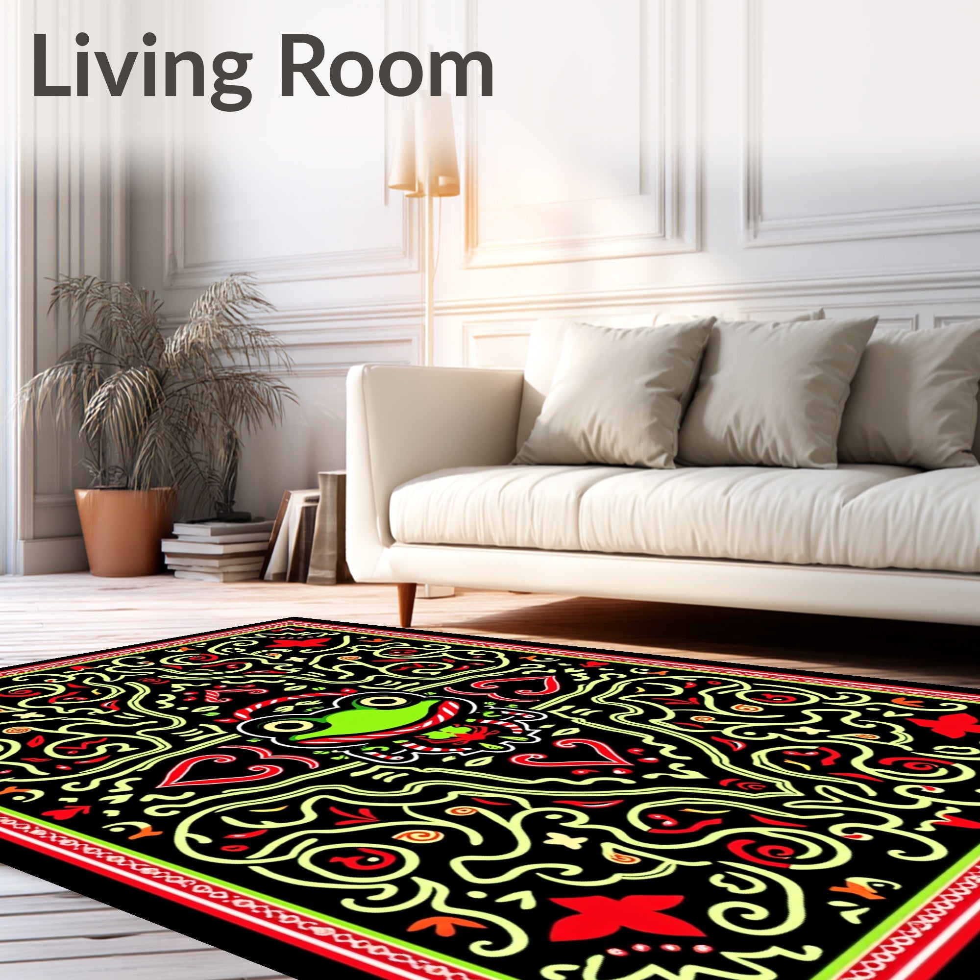 Whimsical Frog Garden Red Outline Rug