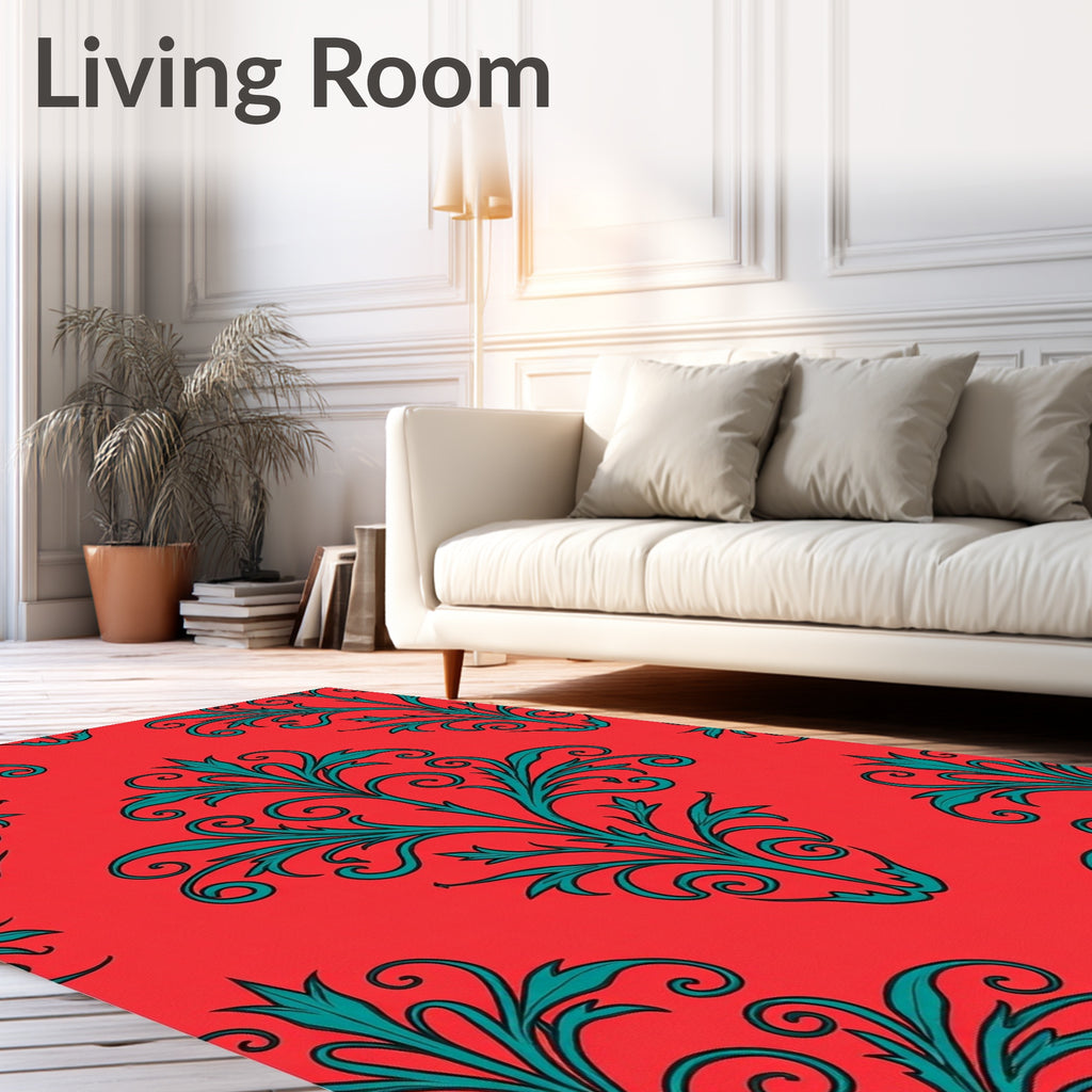 Red Teal Scrollwork Floral Damask Rug