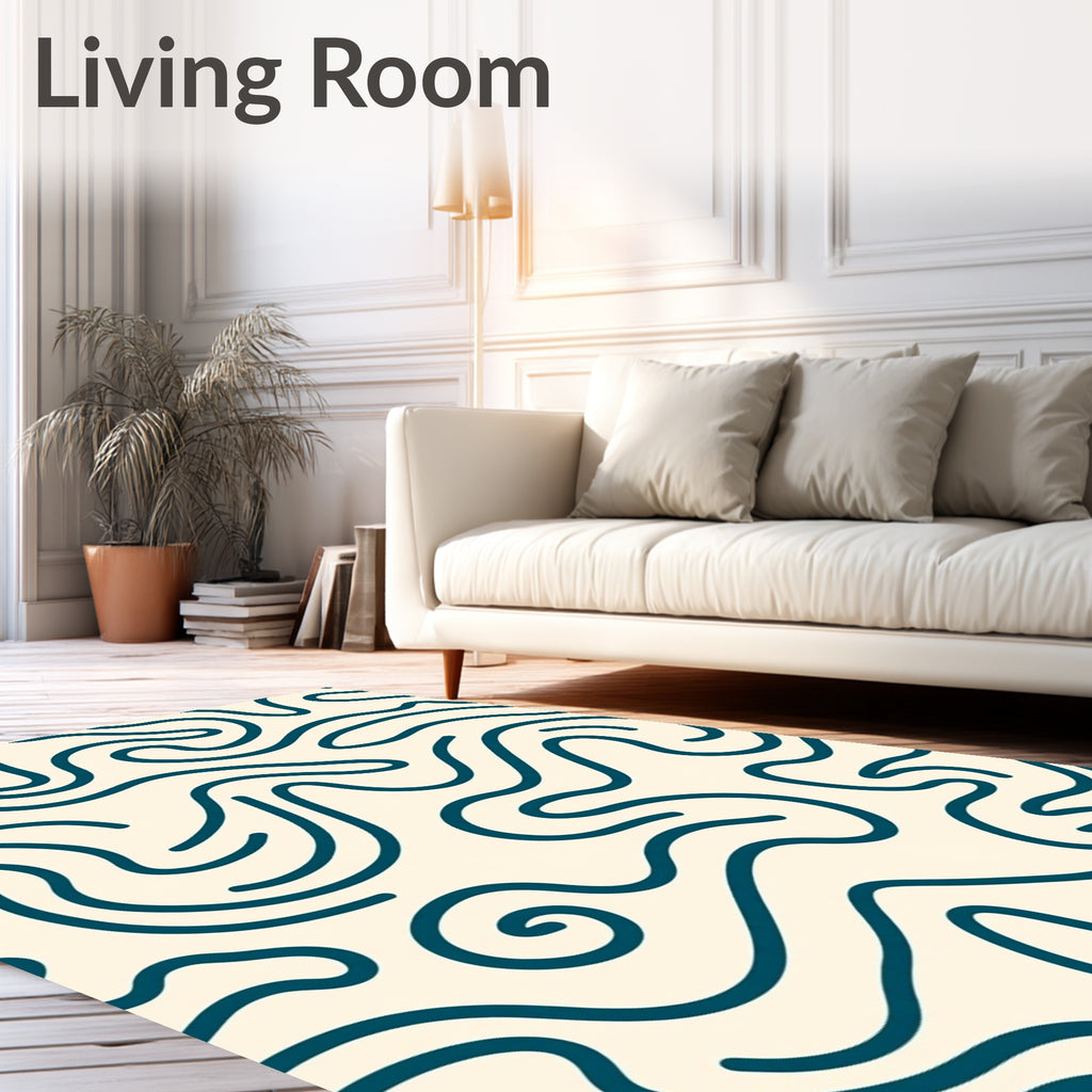 Deep Teal Swirl Cream Abstract Rug