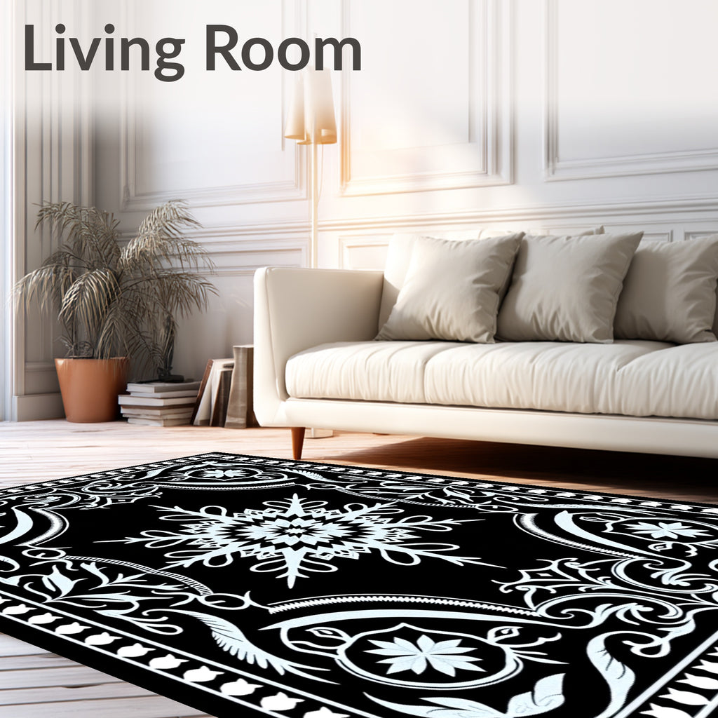 Black White Snowflake Floral Medallion Rug