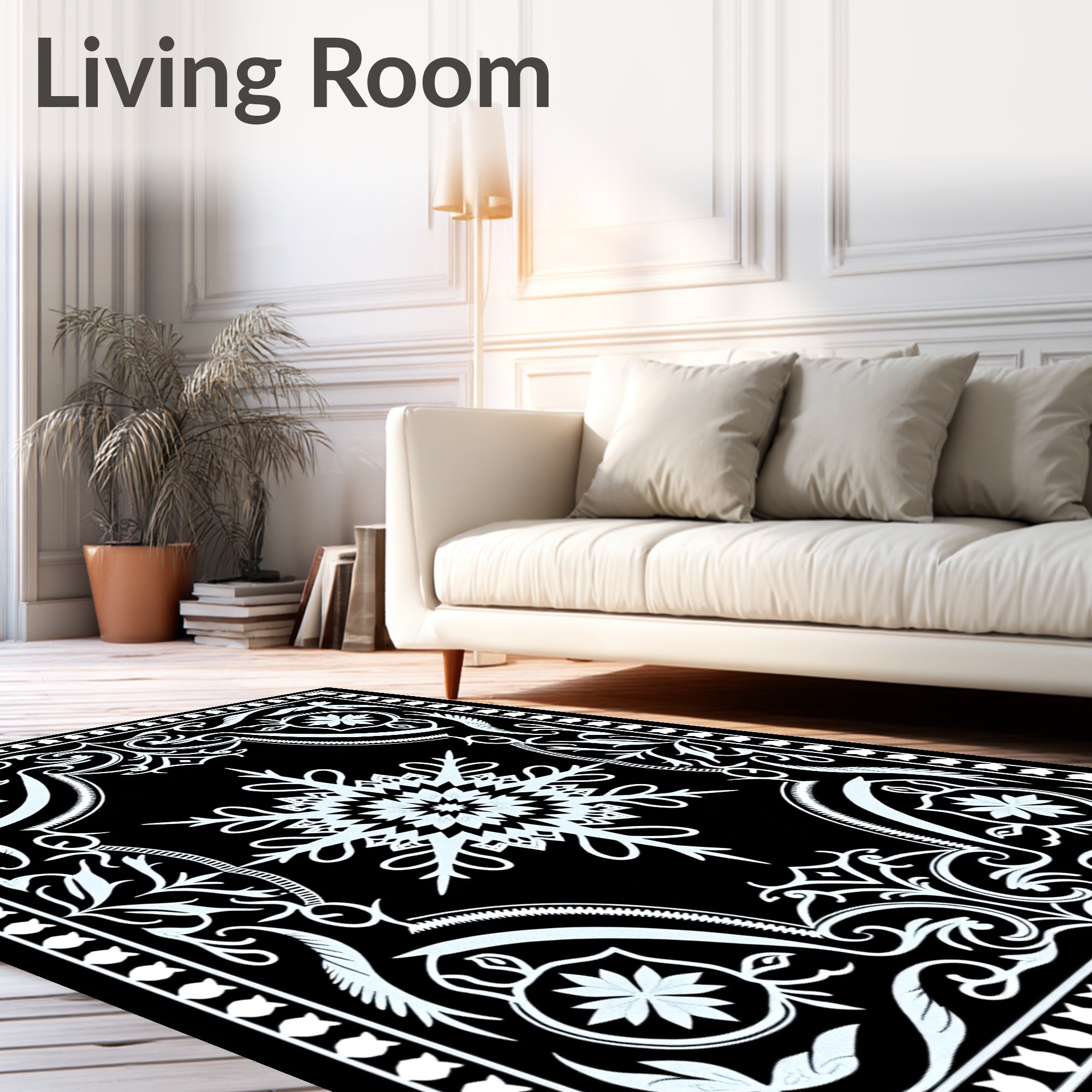 Black White Snowflake Floral Medallion Rug