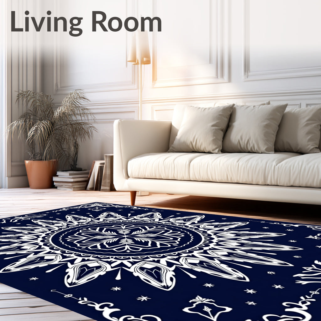 Navy White Ornamental Mandala Rug