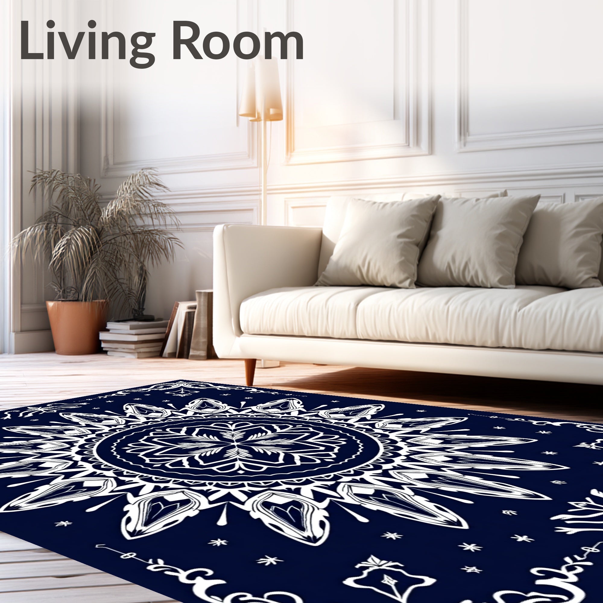 Navy White Ornamental Mandala Rug