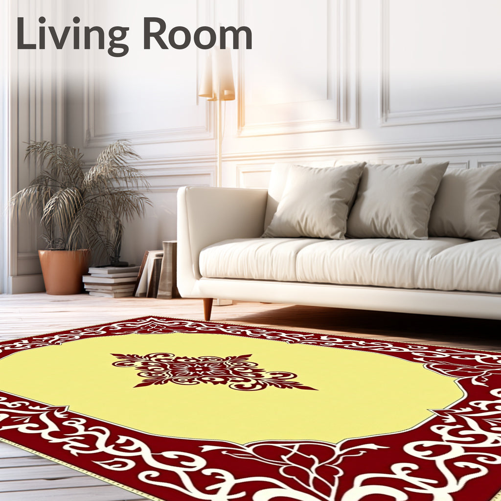 Rich Red Elaborate Scrollwork Ochre Rug