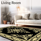 Golden Floral Medallion Black Lace Rug