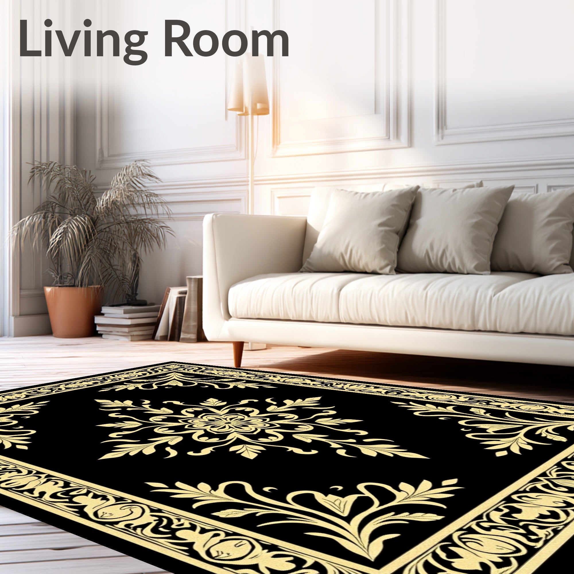 Golden Floral Medallion Black Lace Rug