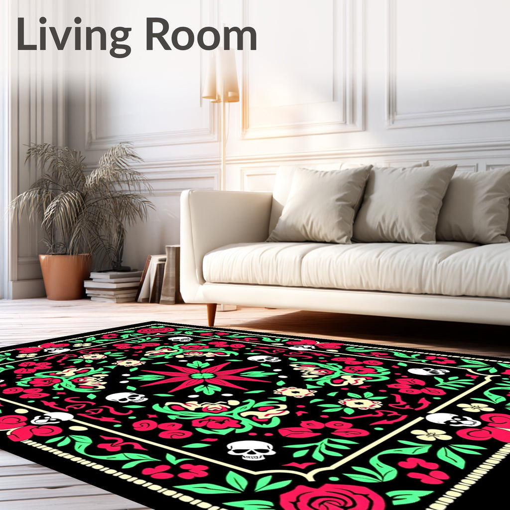Gothic Floral Skull Medallion Black Rug
