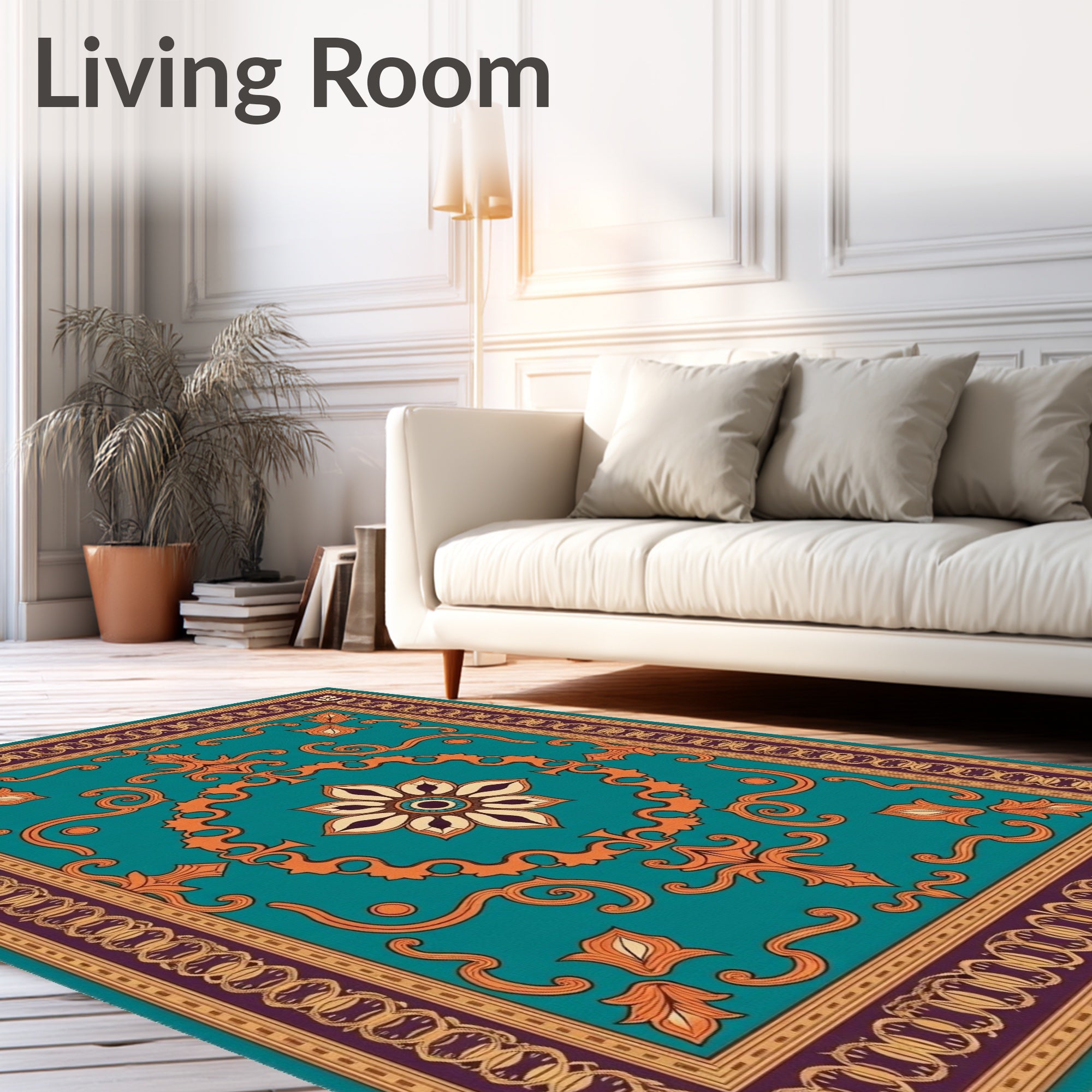 Teal Orange Floral Medallion Arabesque Rug