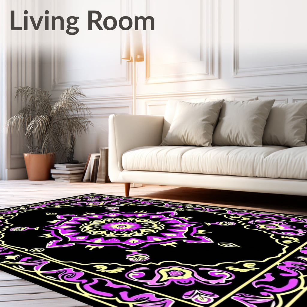 Bold Black Magenta Floral Medallion Rug
