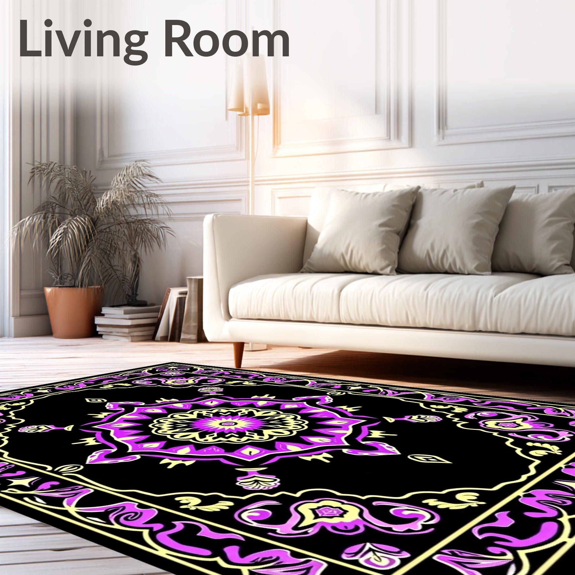 Bold Black Magenta Floral Medallion Rug