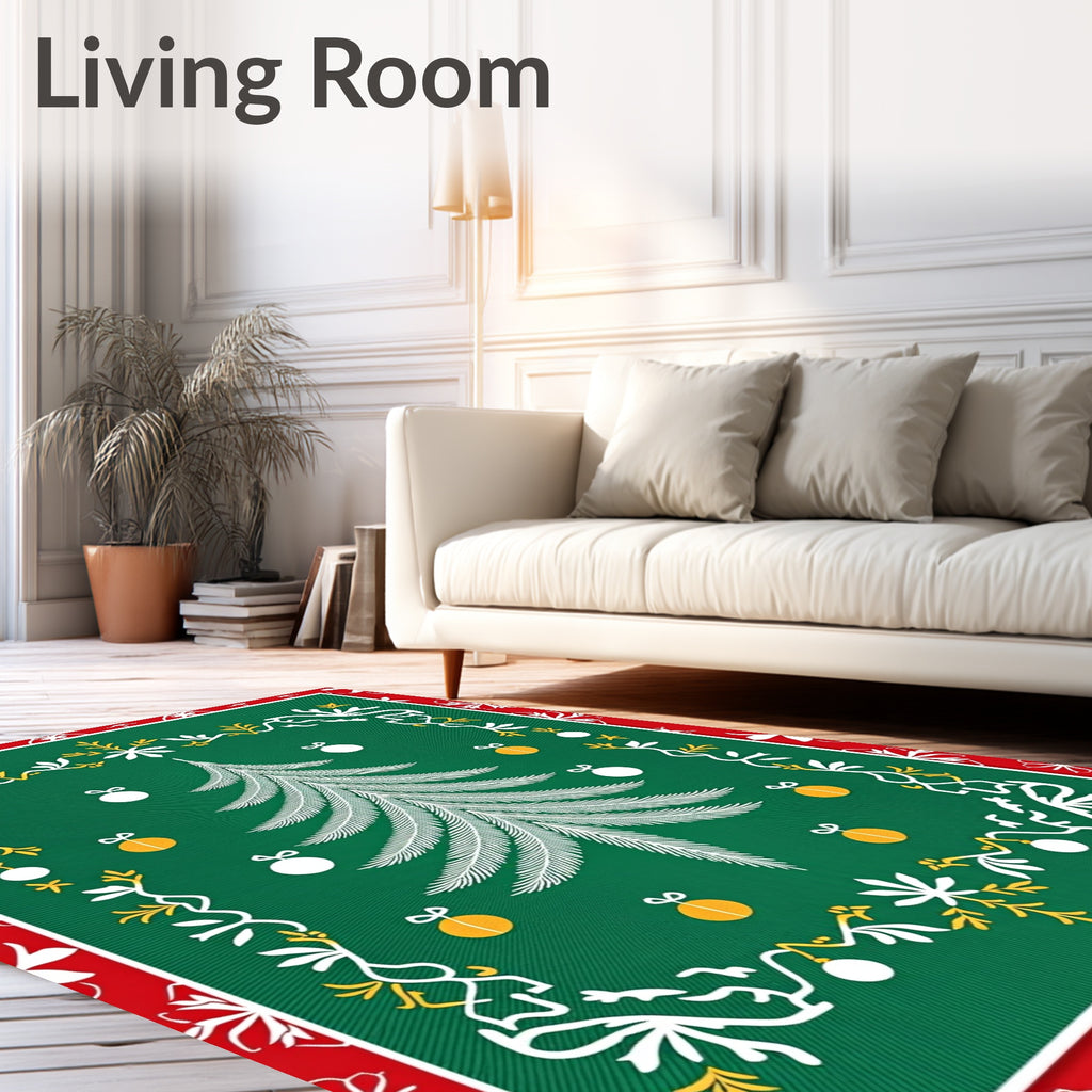 Green White Christmas Tree Ornaments Rug