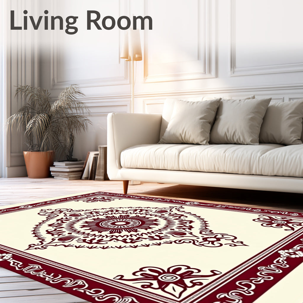 Deep Crimson Mandala Border Cream Rug