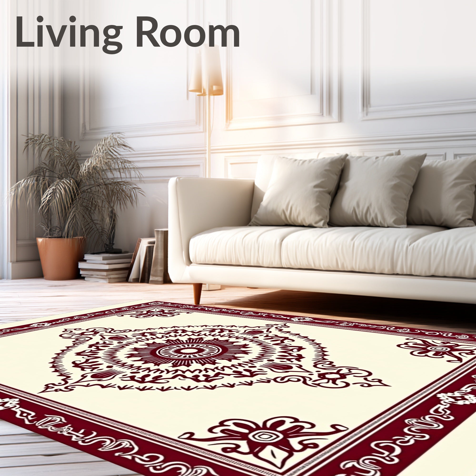 Deep Crimson Mandala Border Cream Rug