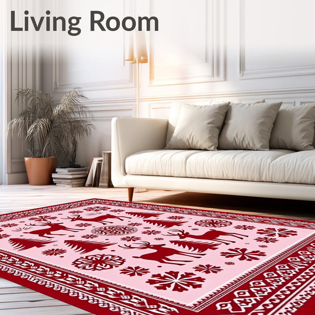 Crimson Deer Snowflake Trees Border Rug