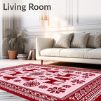 Crimson Deer Snowflake Trees Border Rug