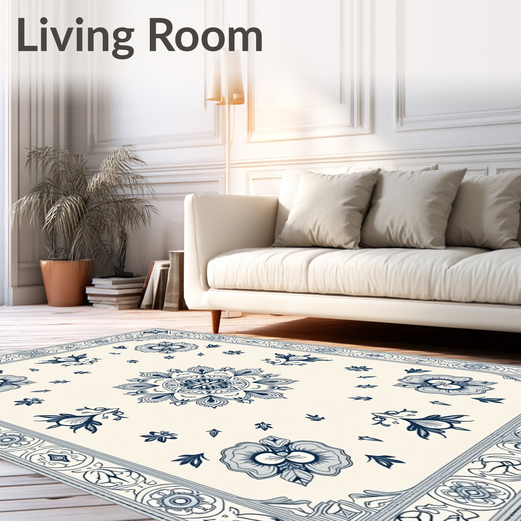 Cream Blue Floral Mandala Border Rug