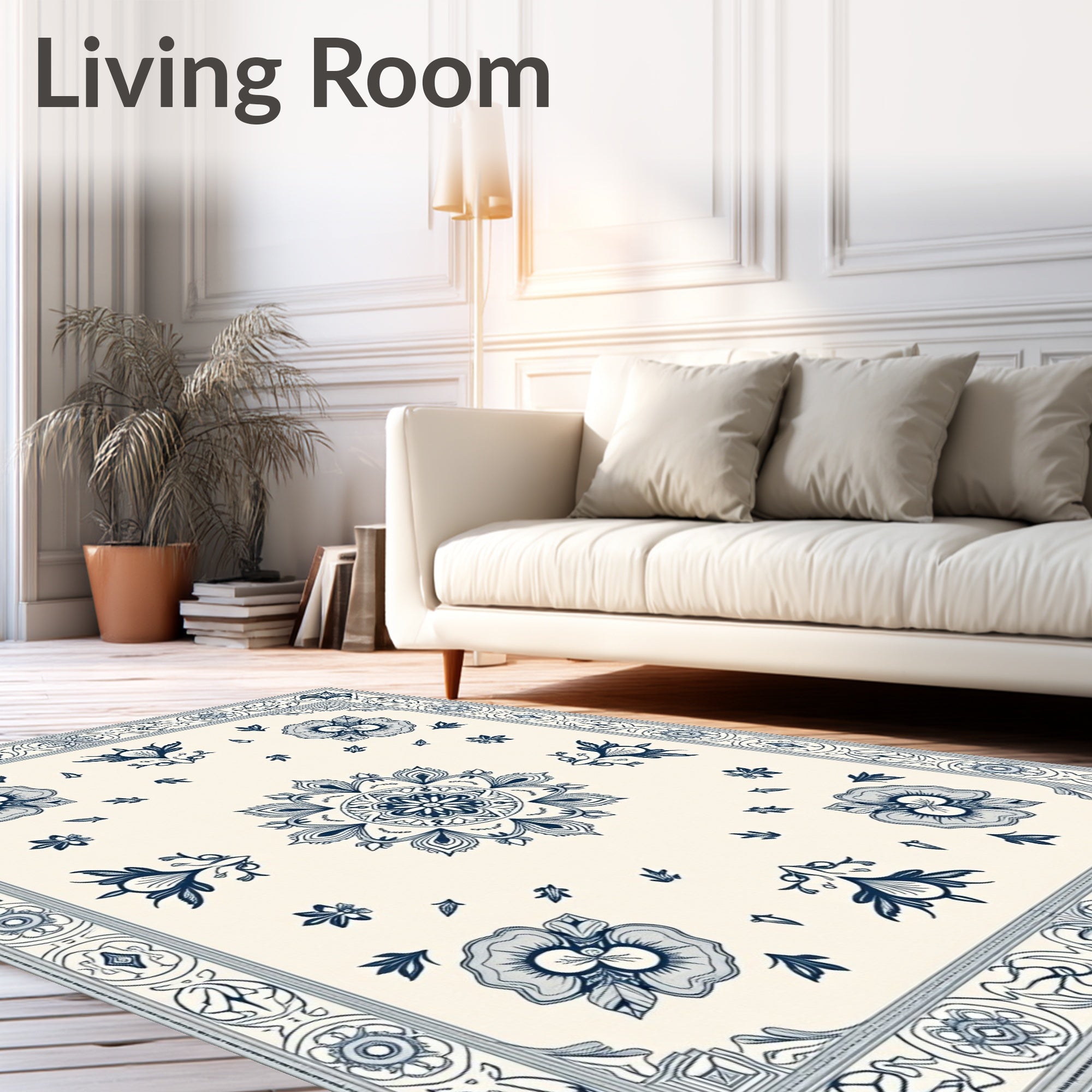 Cream Blue Floral Mandala Border Rug