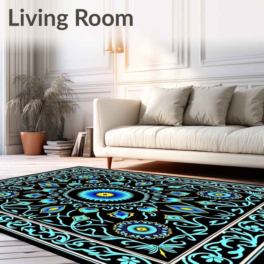Black Blue Yellow Floral Medallion Rug