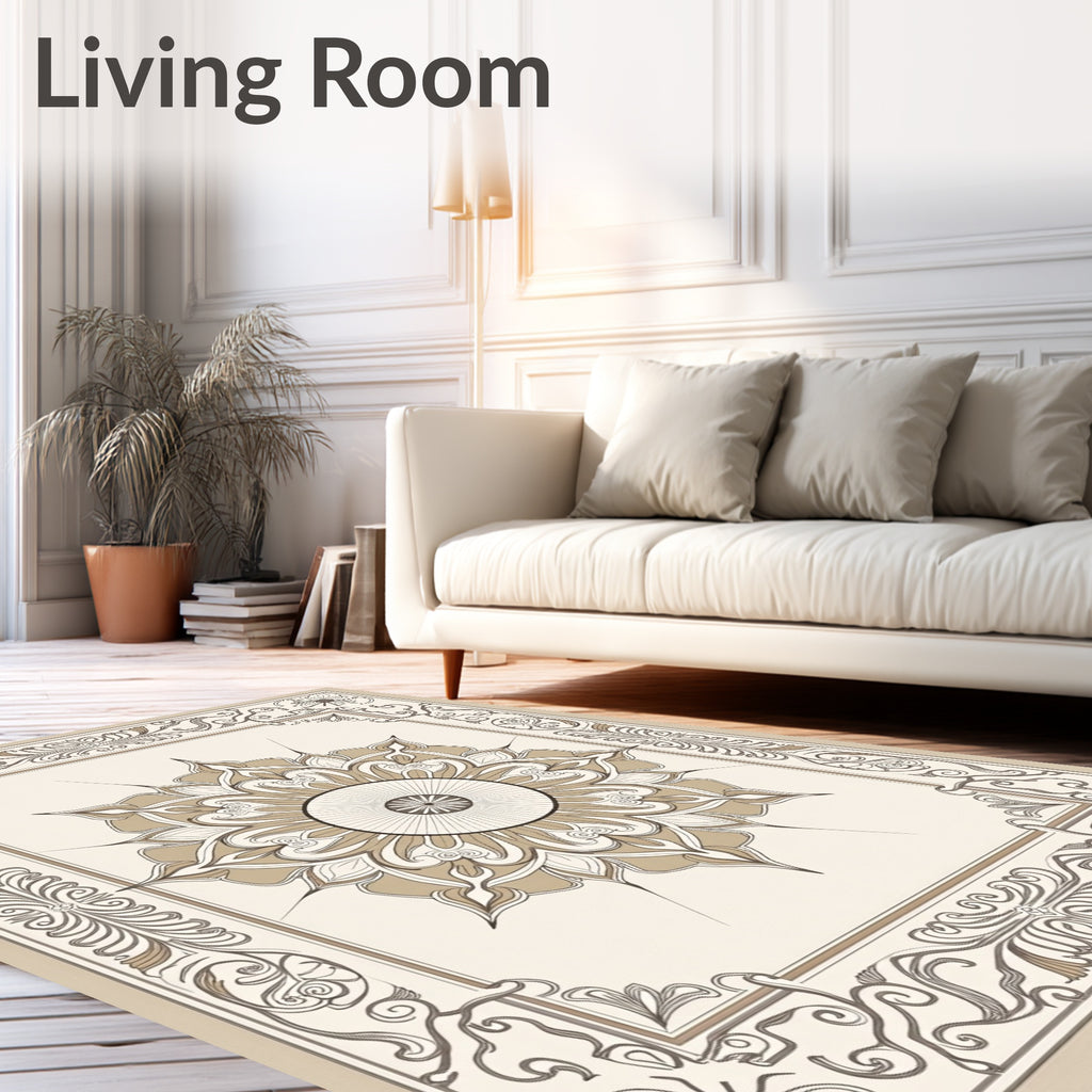 Neutral Tan Floral Medallion Border Rug