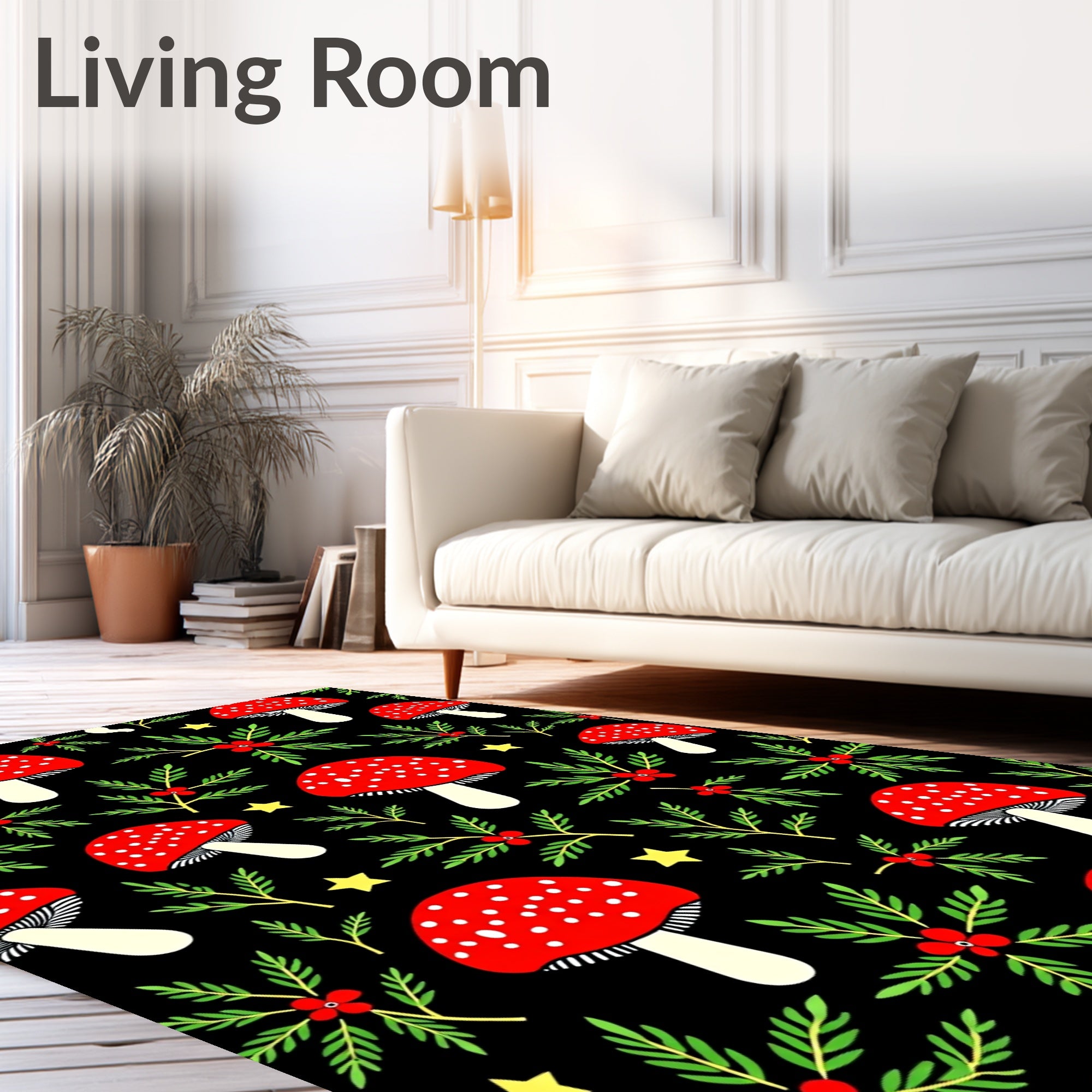 Whimsical Red Mushroom Holly Stars Rug