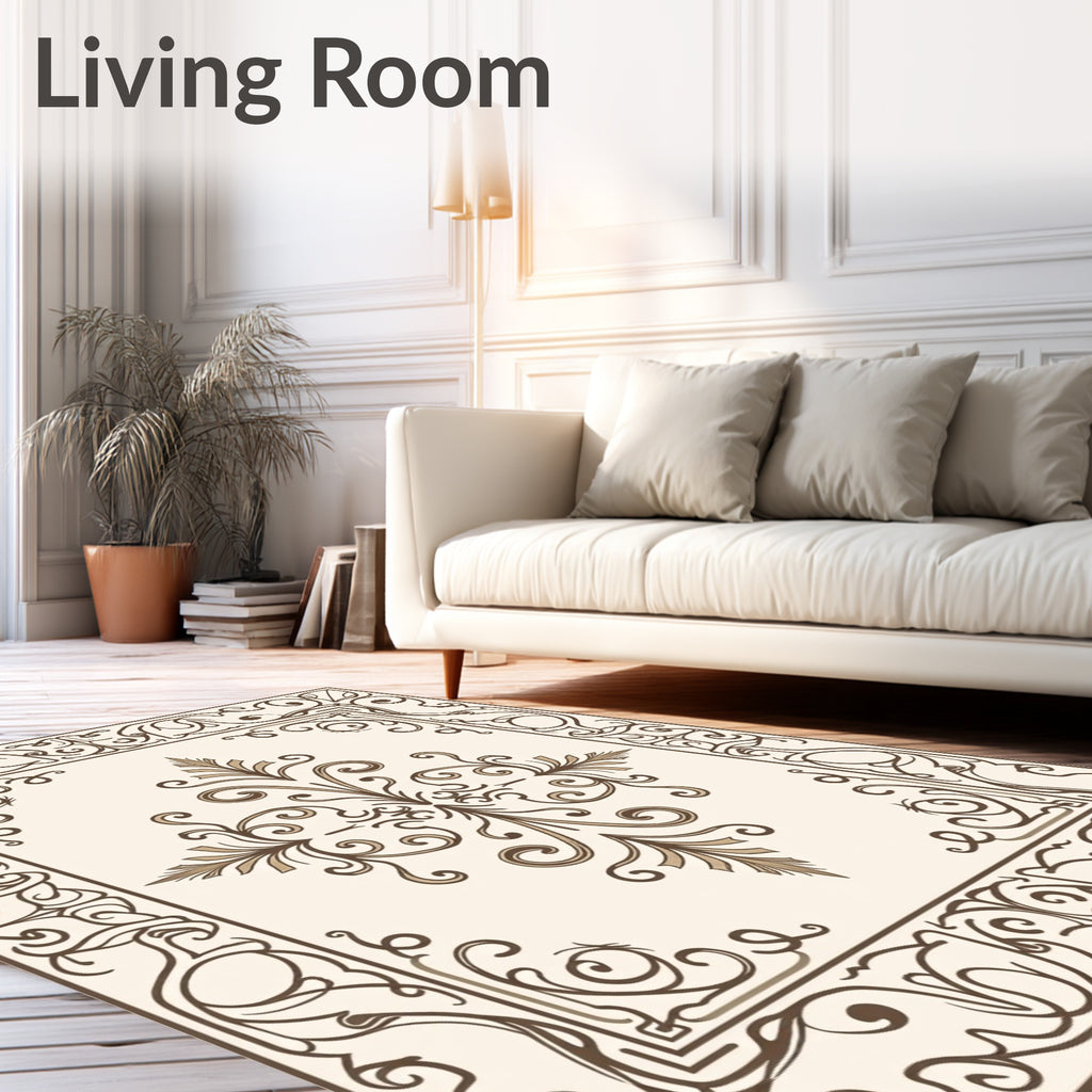 Cream Brown Floral Scrollwork Medallion Rug