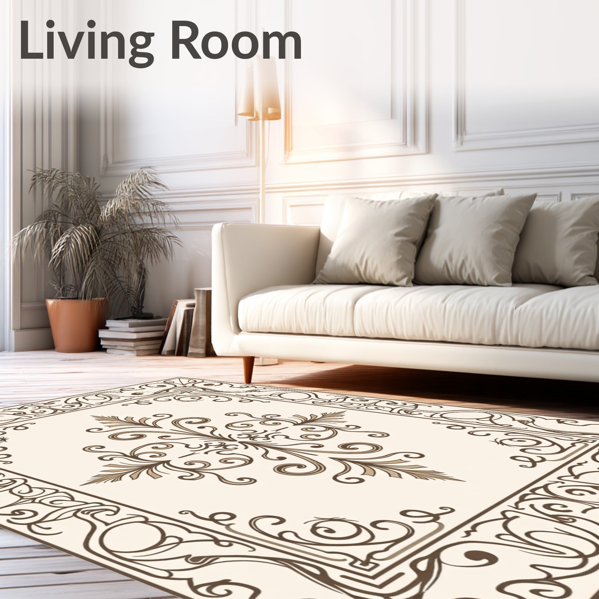 Cream Brown Floral Scrollwork Medallion Rug