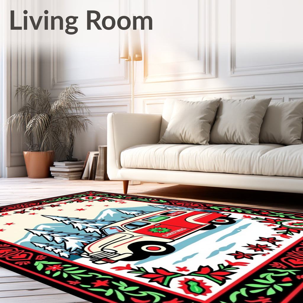 Retro Christmas Van Snowy Mountain Scene Rug
