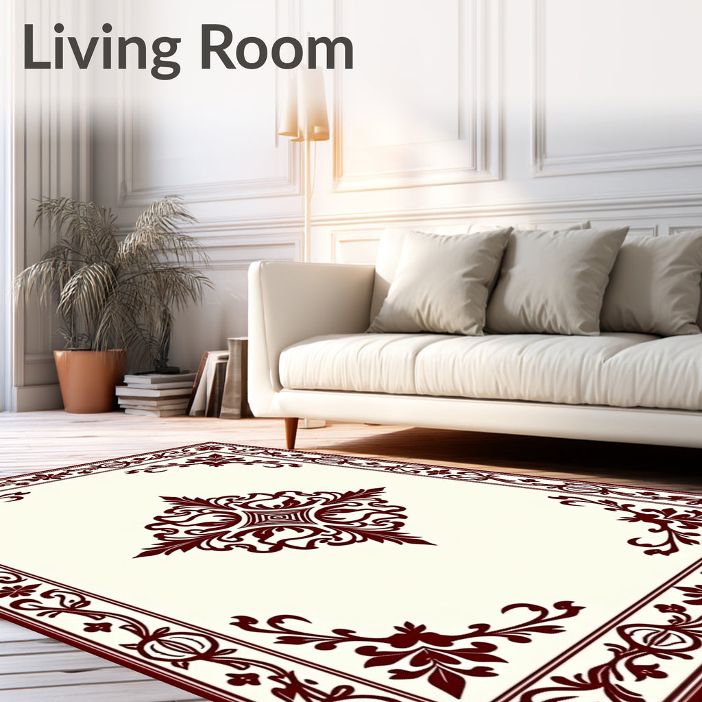 Ornate Burgundy Damask Corner Rug