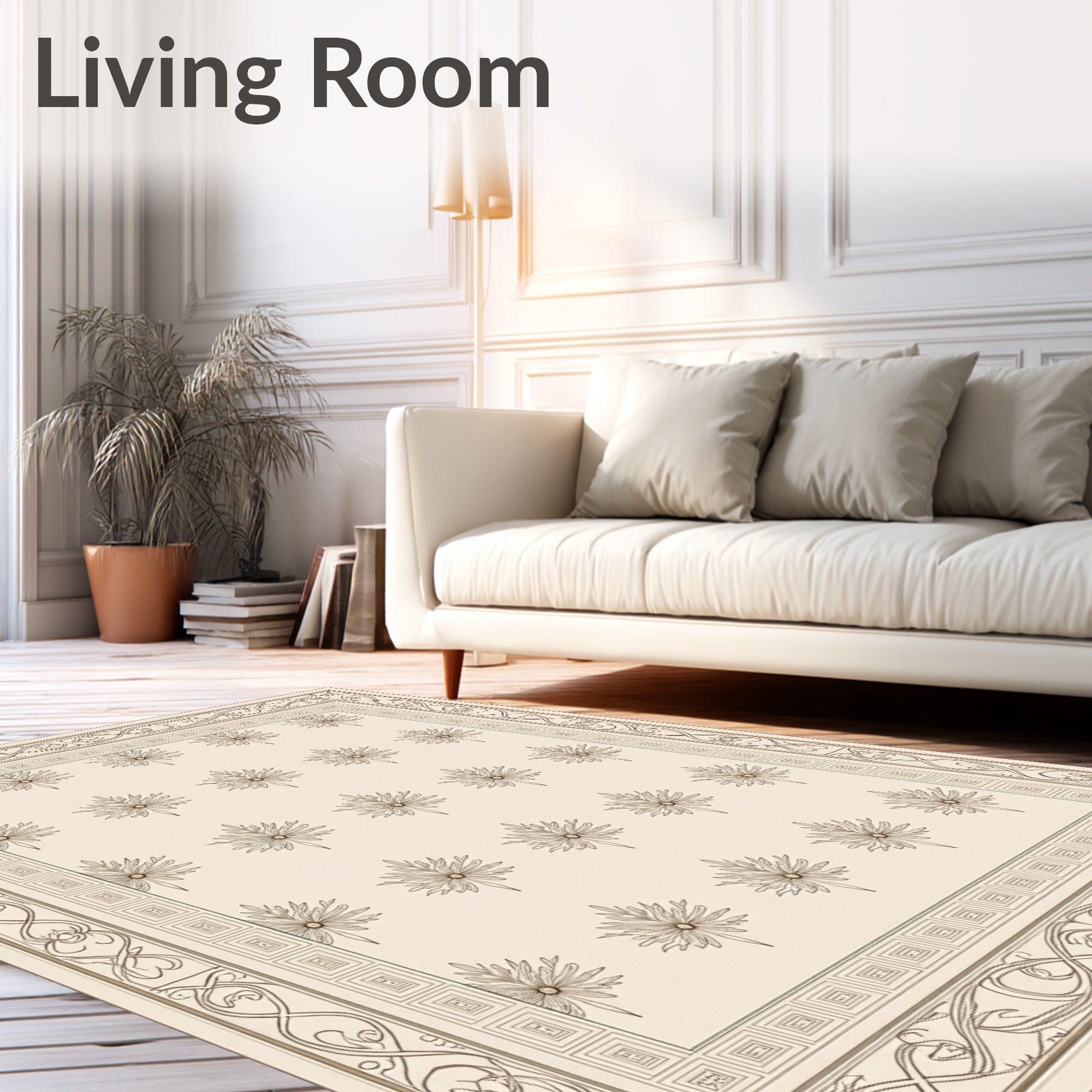 Vintage Beige Floral Scroll Border Rug