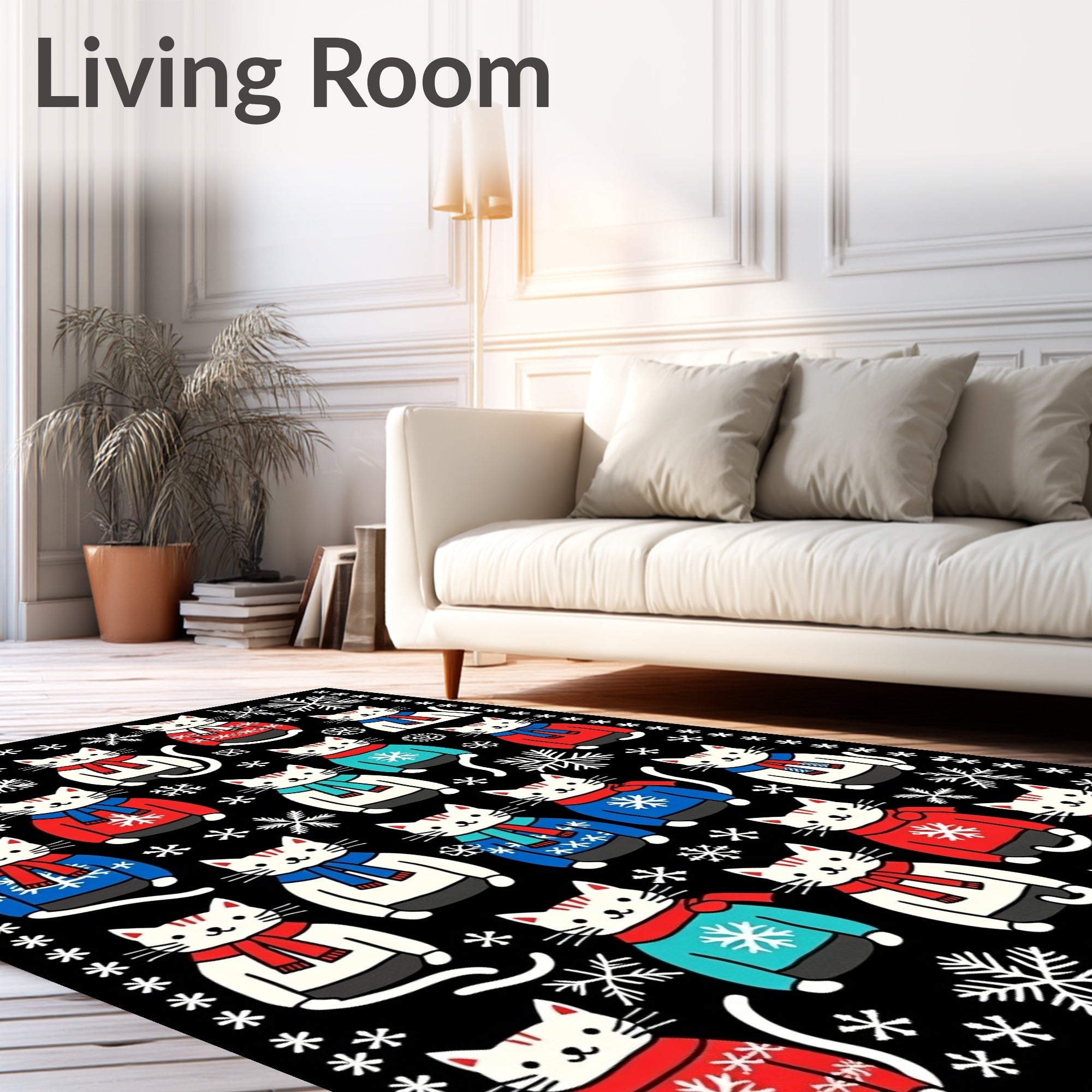 Whimsical Cats Snowflake Sweaters Black Rug
