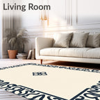 Cream Navy Floral Border Rug