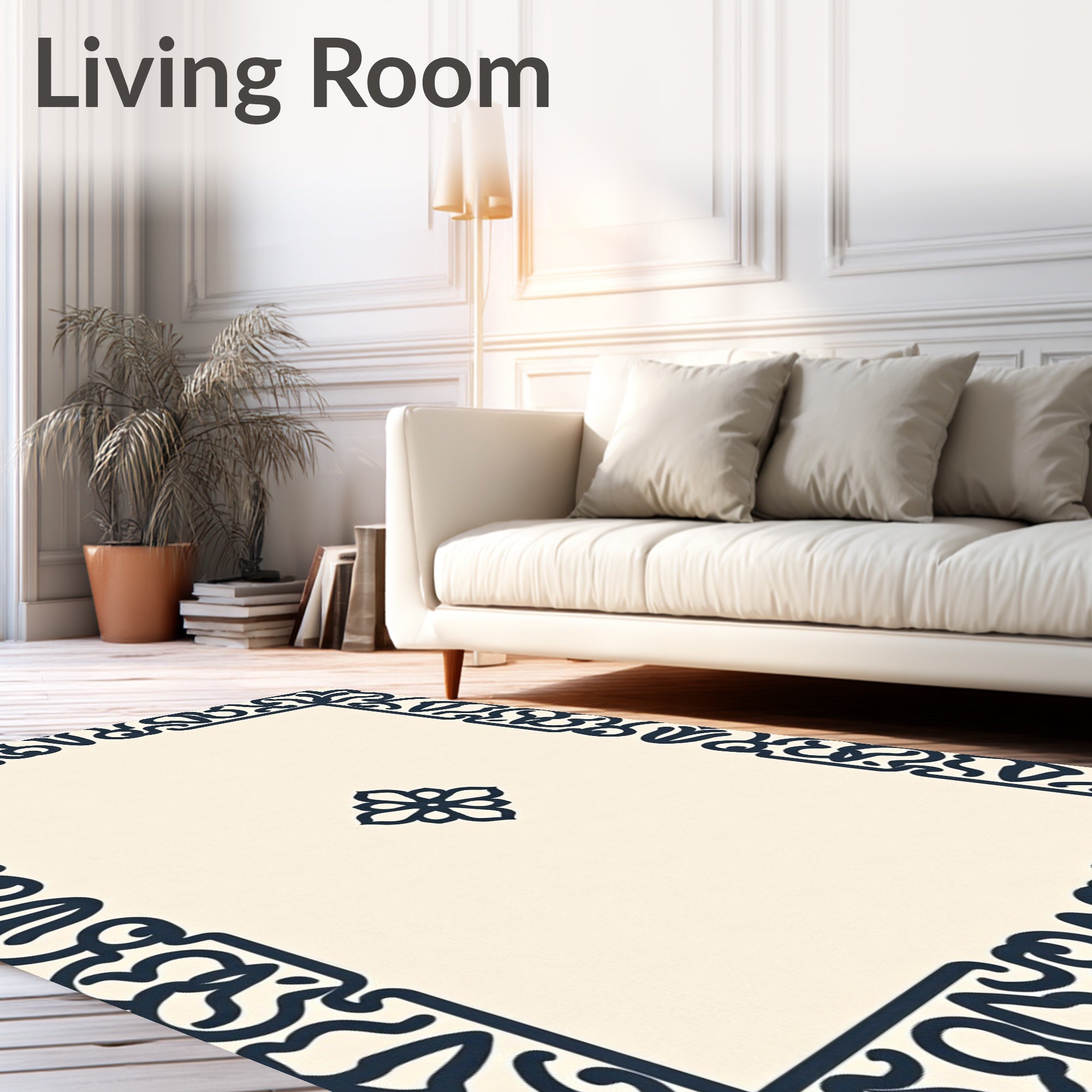 Cream Navy Floral Border Rug