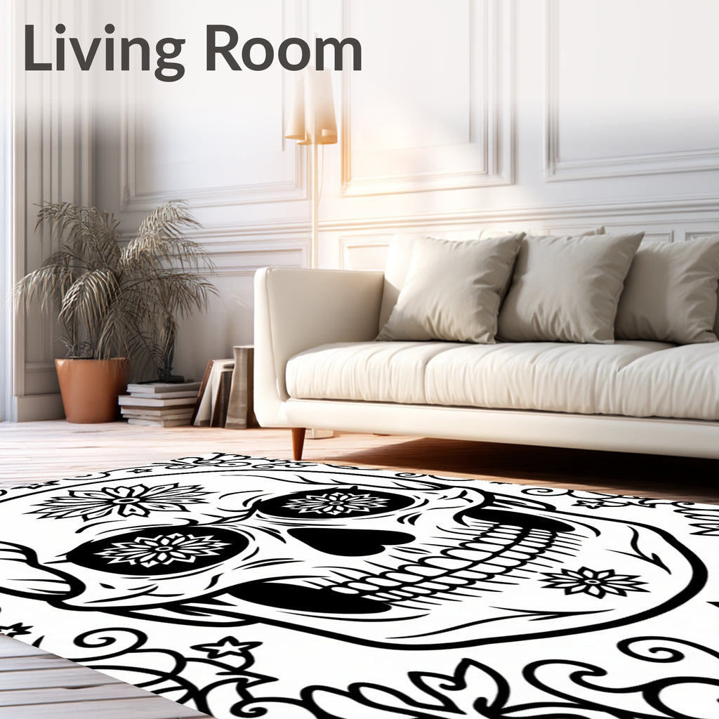Black And White Floral Skull Day Of The Dead Rug