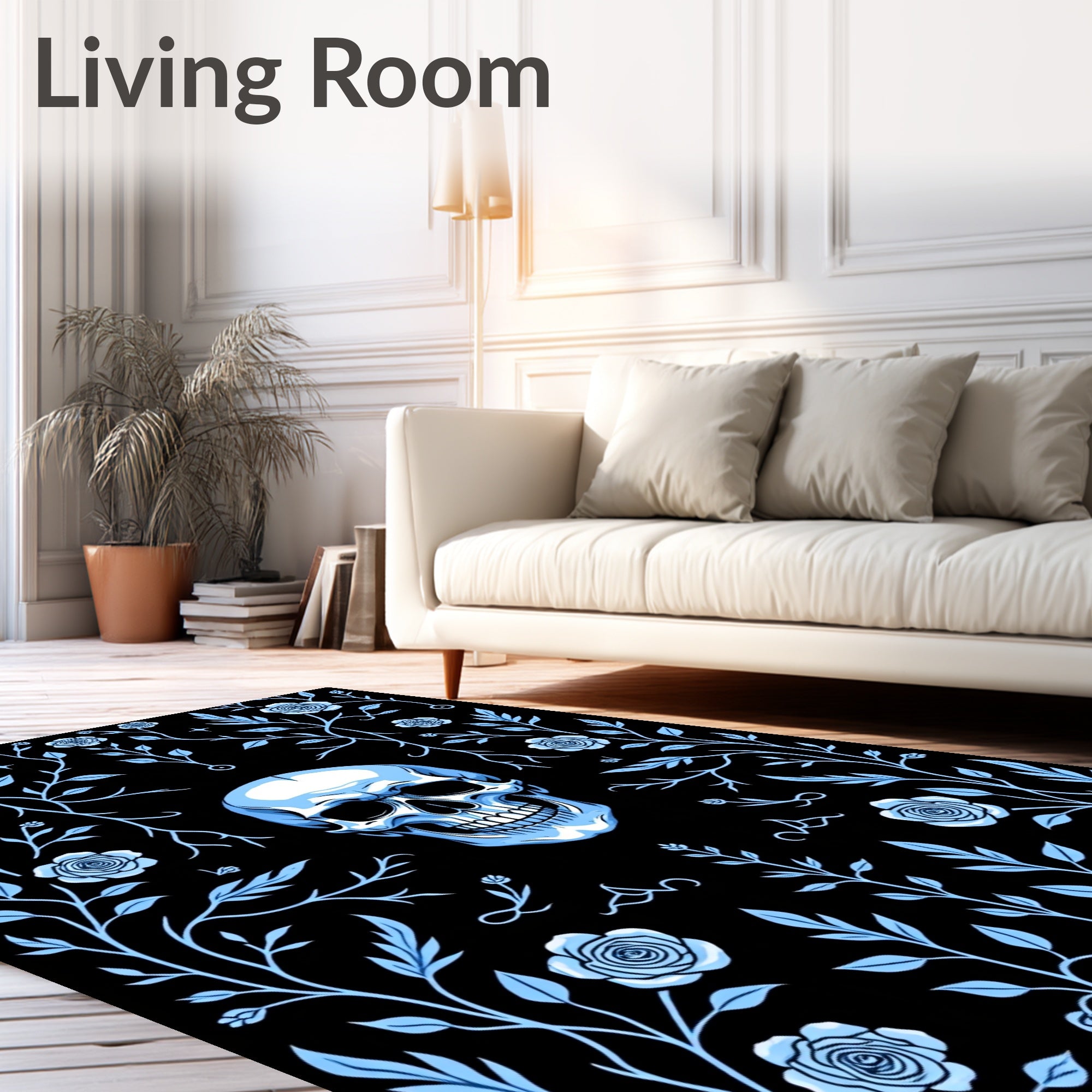 Light Blue Skull Floral Vine Rug