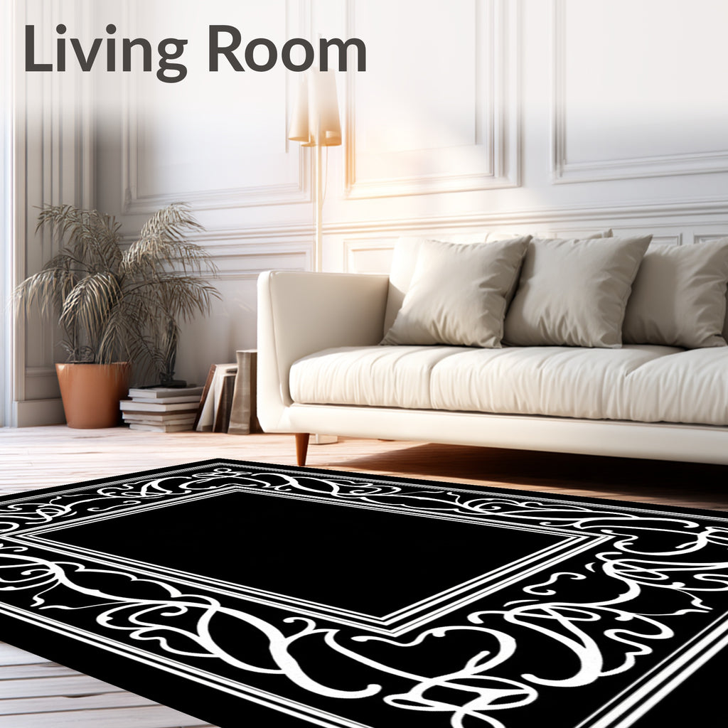 White Scrollwork Square Frame Accent Rug