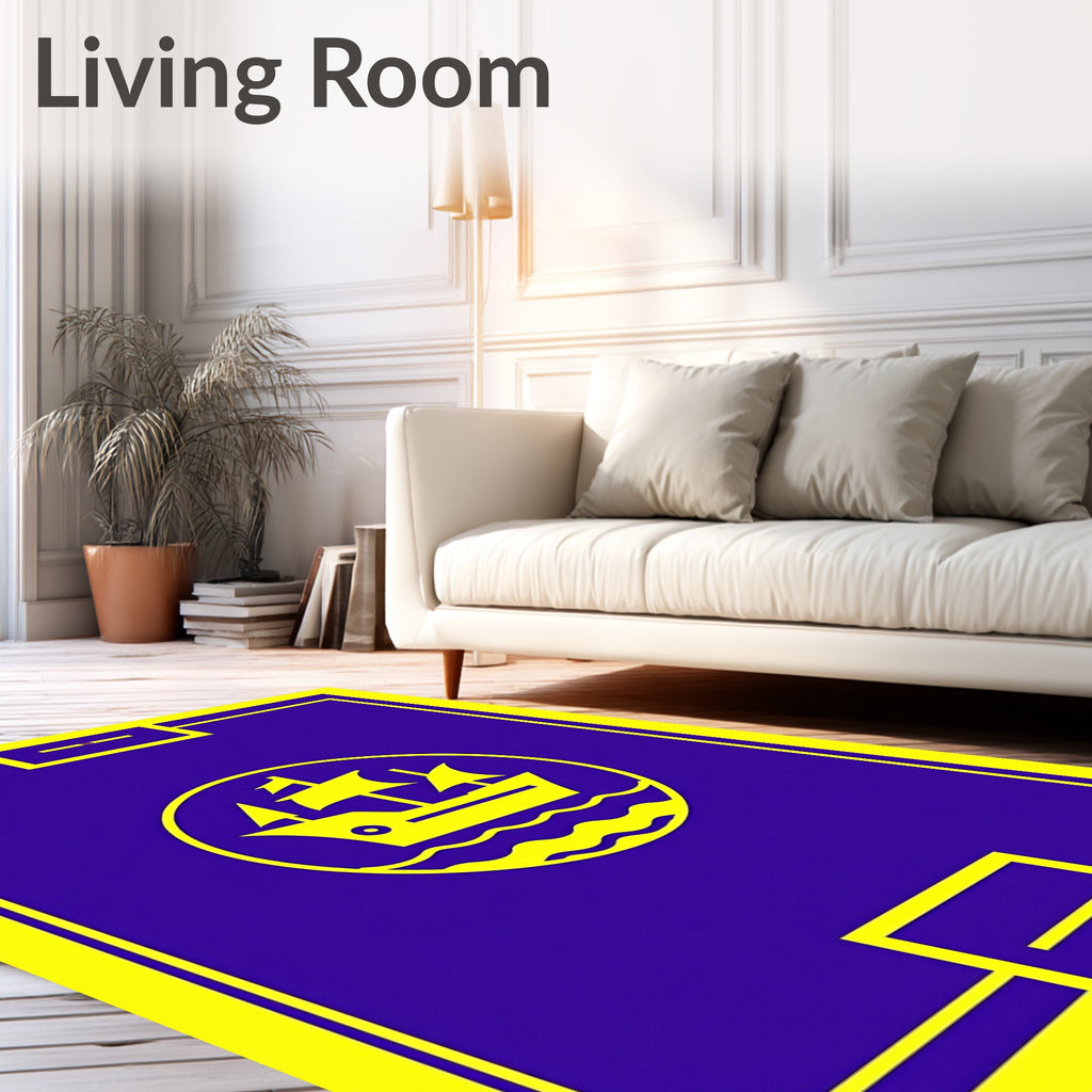Royal Blue Yellow Sailing Ship Emblem Rug