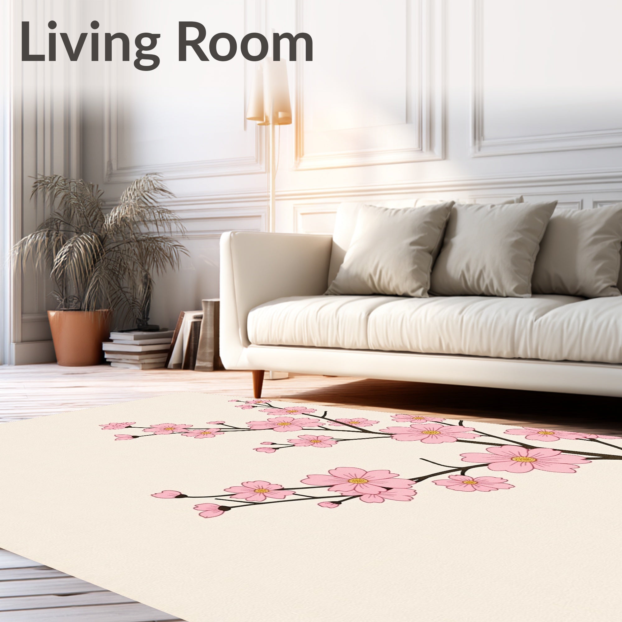Pink Floral Branches on Cream Background Rug