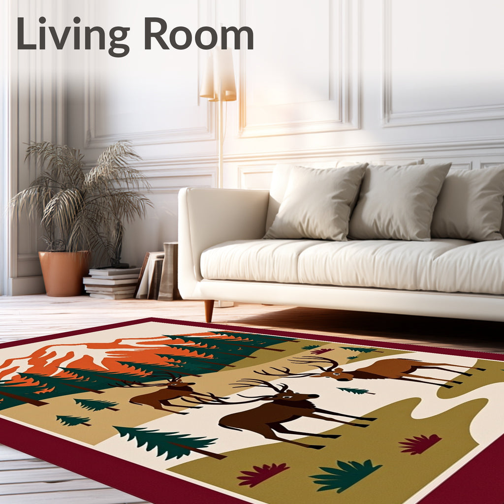 Woodland Elk Majestic Mountain Scene Rug