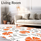 Bright Orange Floral Branches Gray Leaves Rug