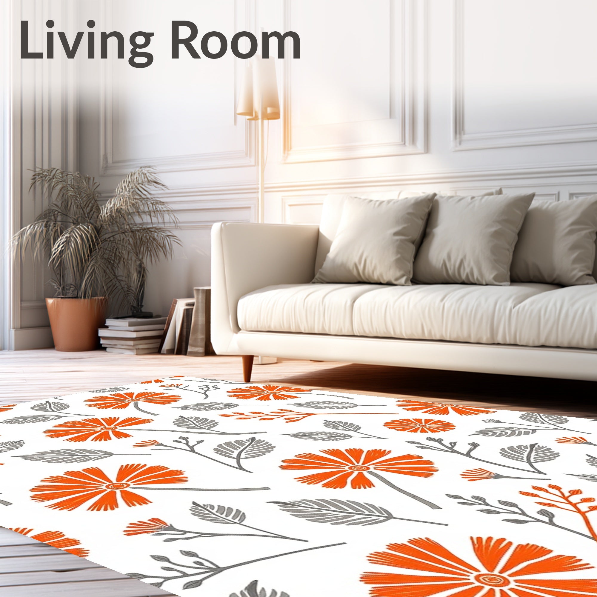 Bright Orange Floral Branches Gray Leaves Rug