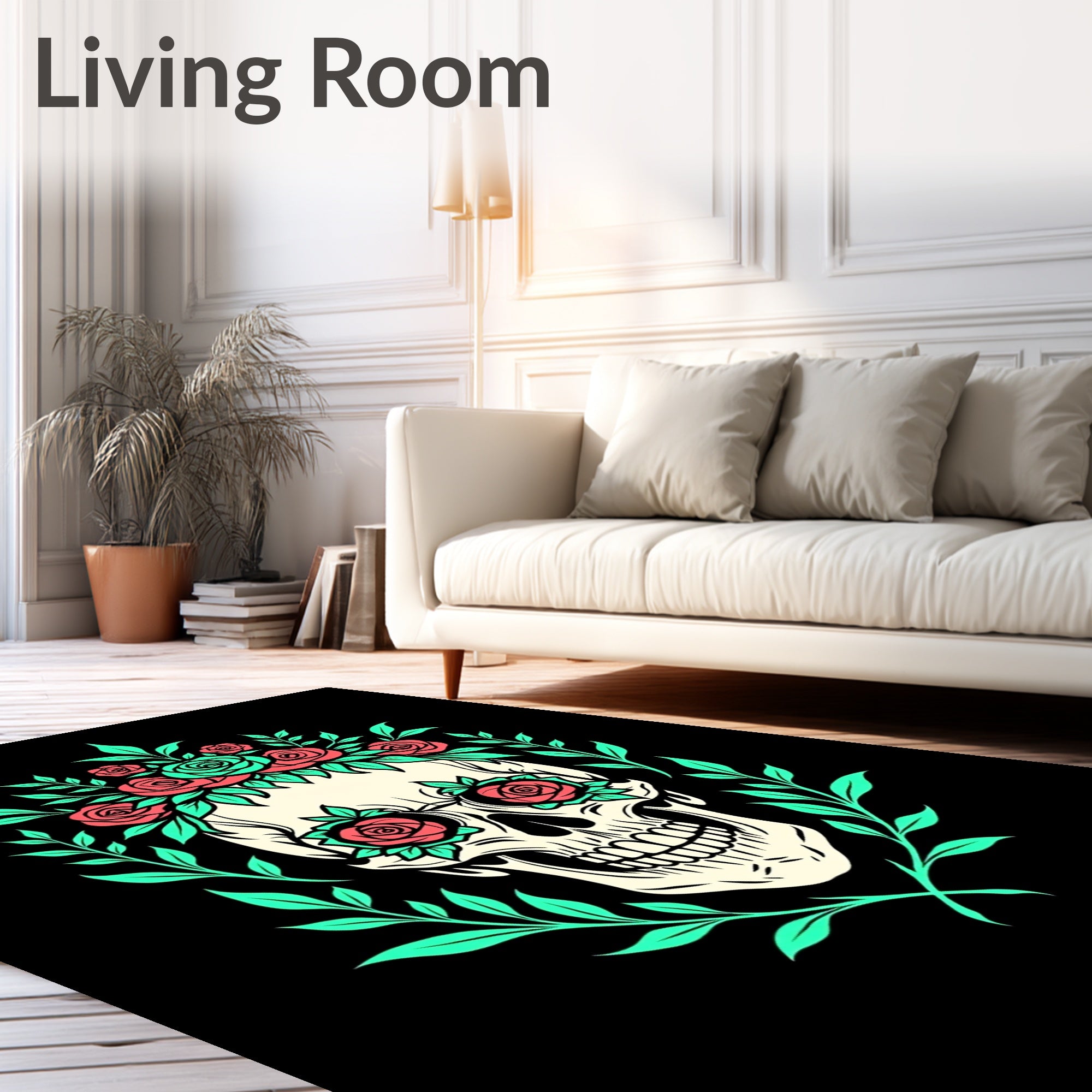 Coral Rose Skull Laurel Wreath Rug