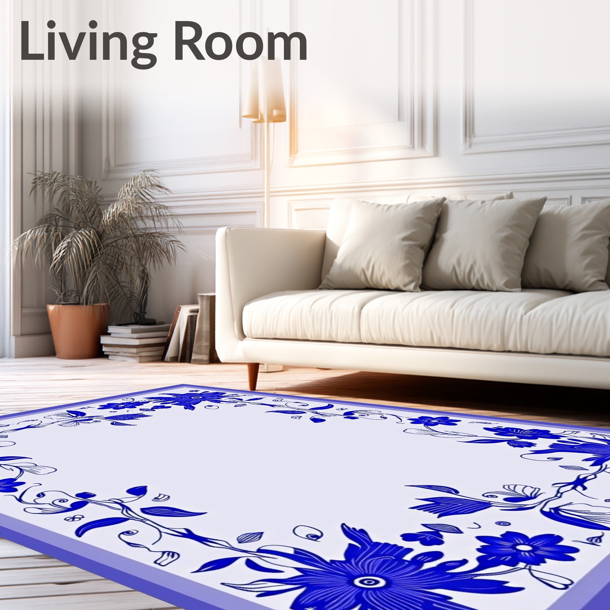 Vibrant Blue Floral Garland Border Rug
