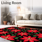 Red Poinsettia Black Floral Garden Rug