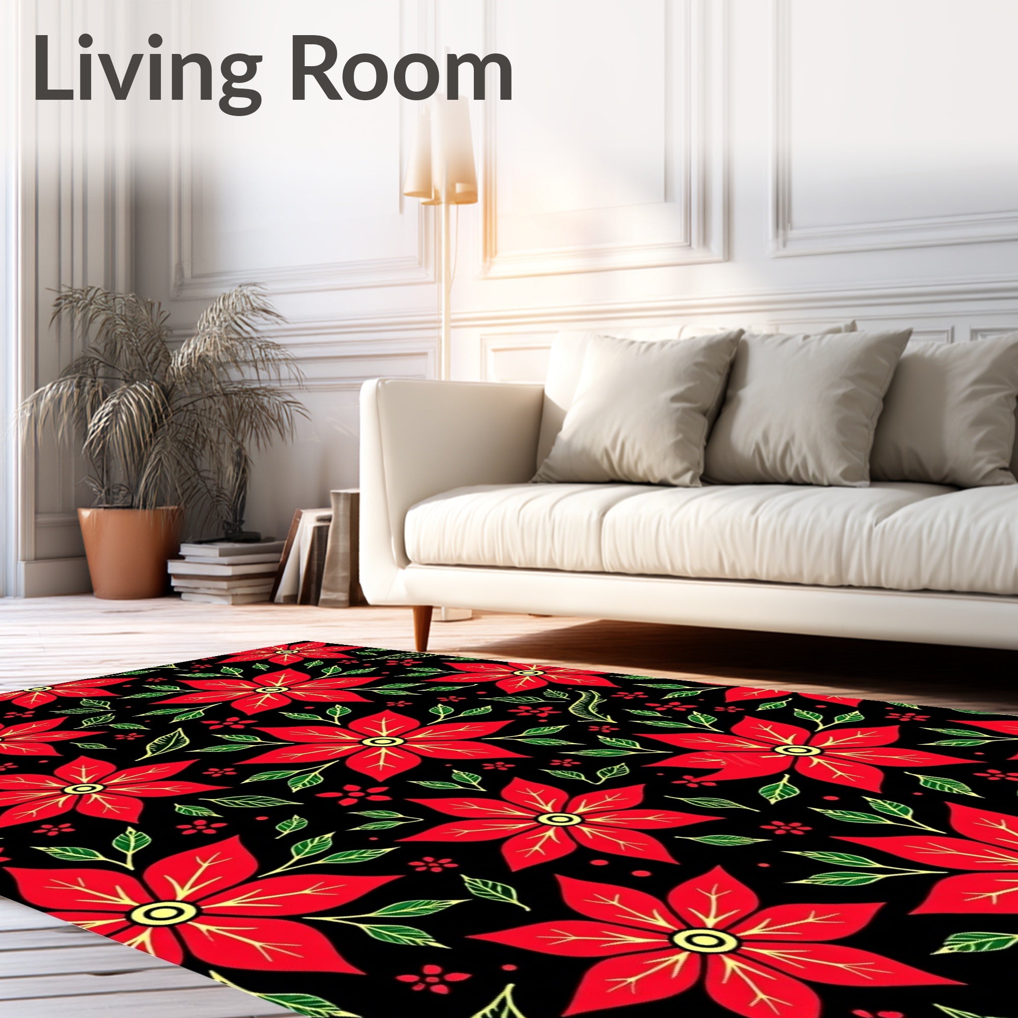 Red Poinsettia Black Floral Garden Rug