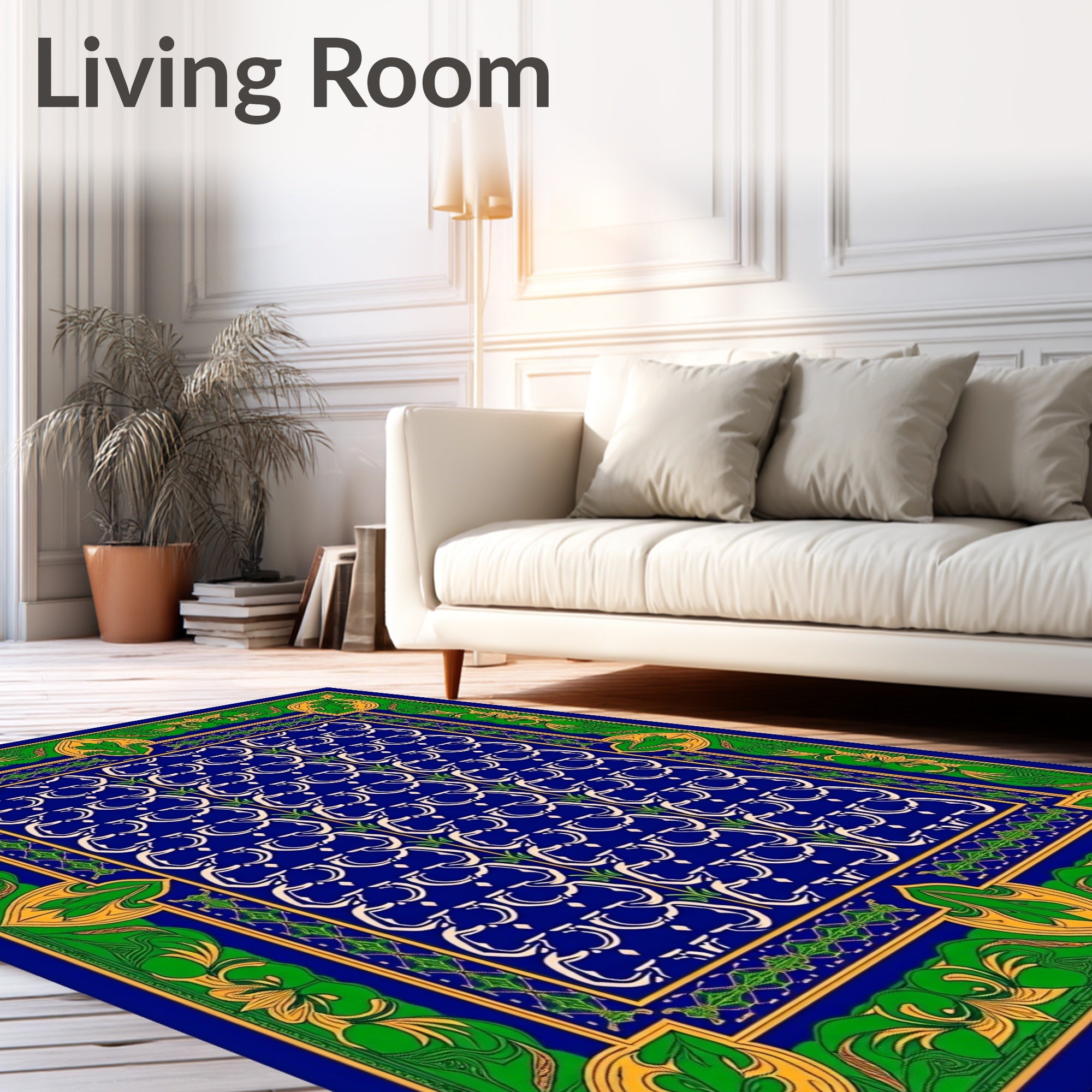 Royal Blue Cream Arabesque Border Rug