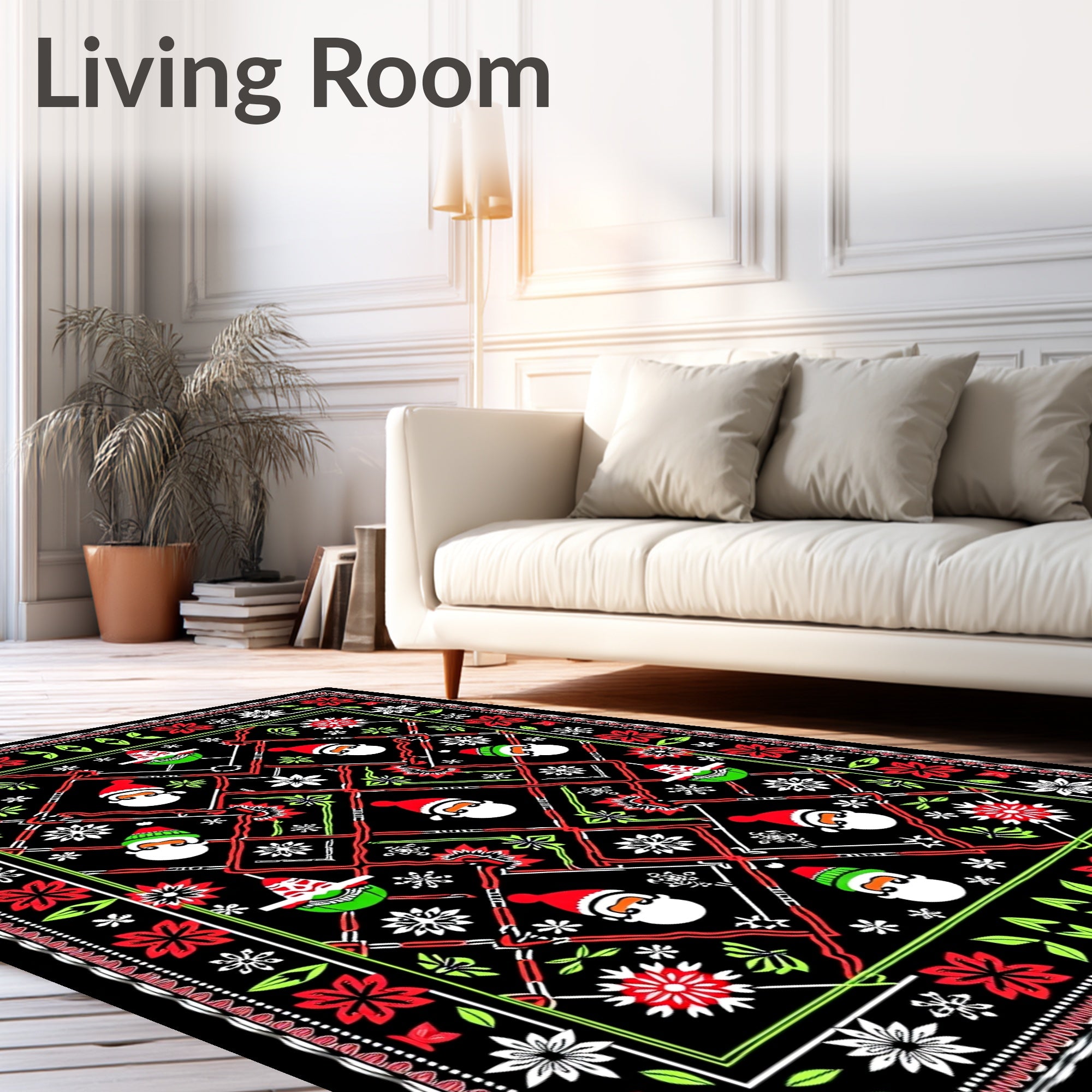 Merry Santa Christmas Floral Border Rug