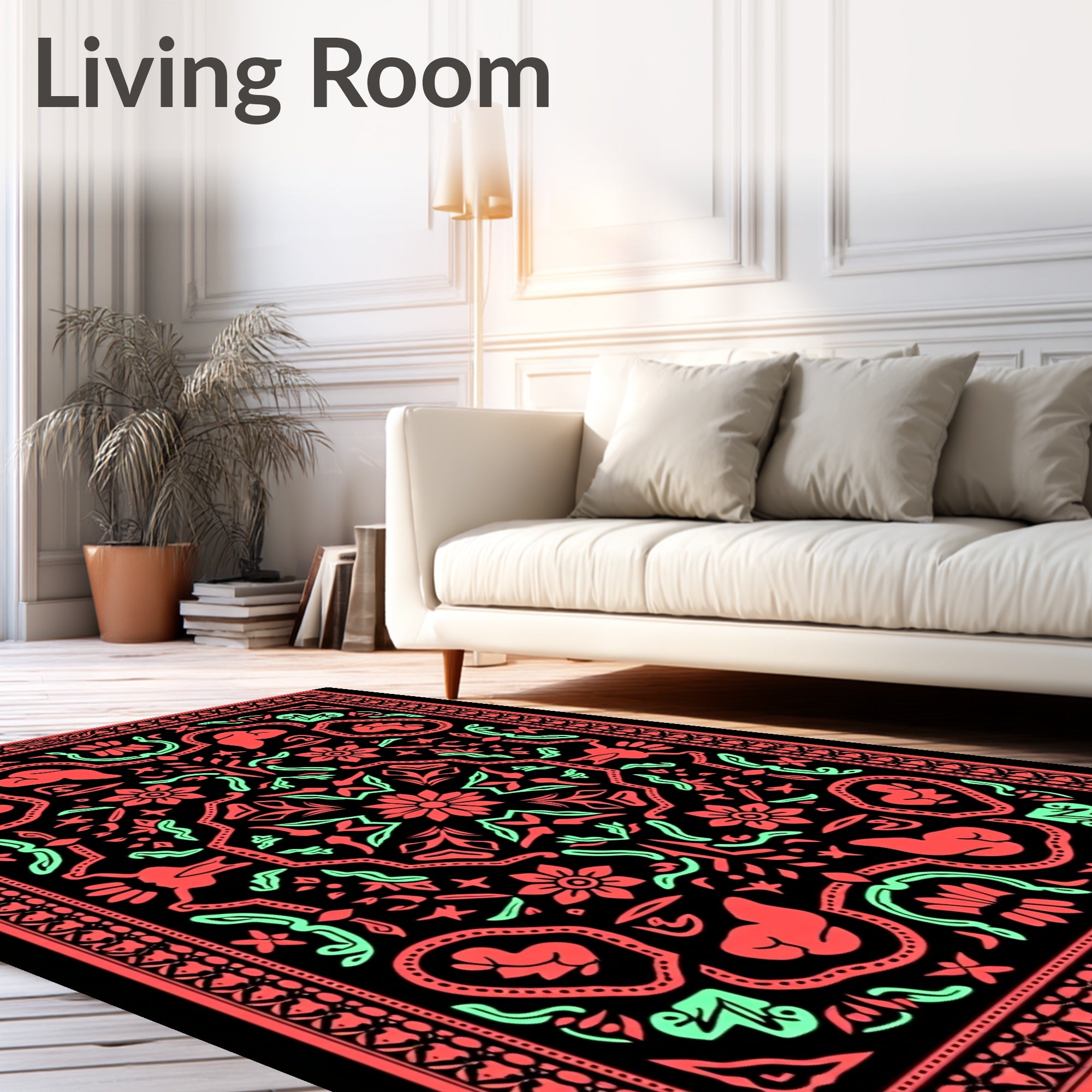 Coral Mint Black Symmetrical Floral Rug