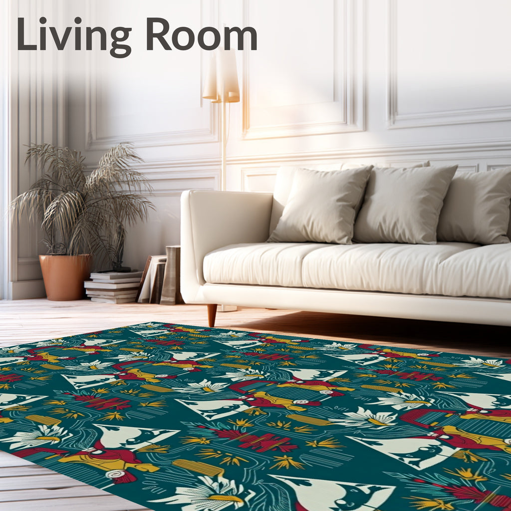 Teal Crimson Geometric Abstract Floral Rug