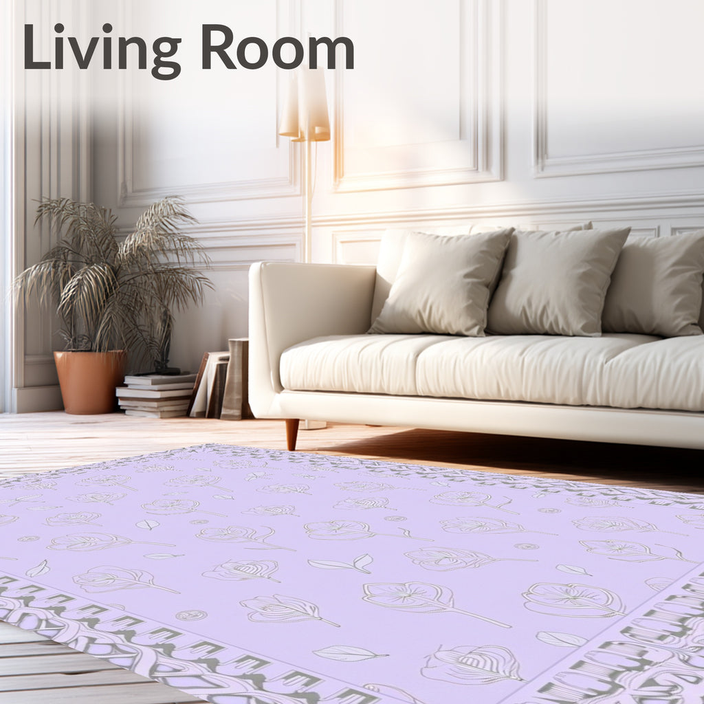 Lilac Purple Floral Outline Border Rug
