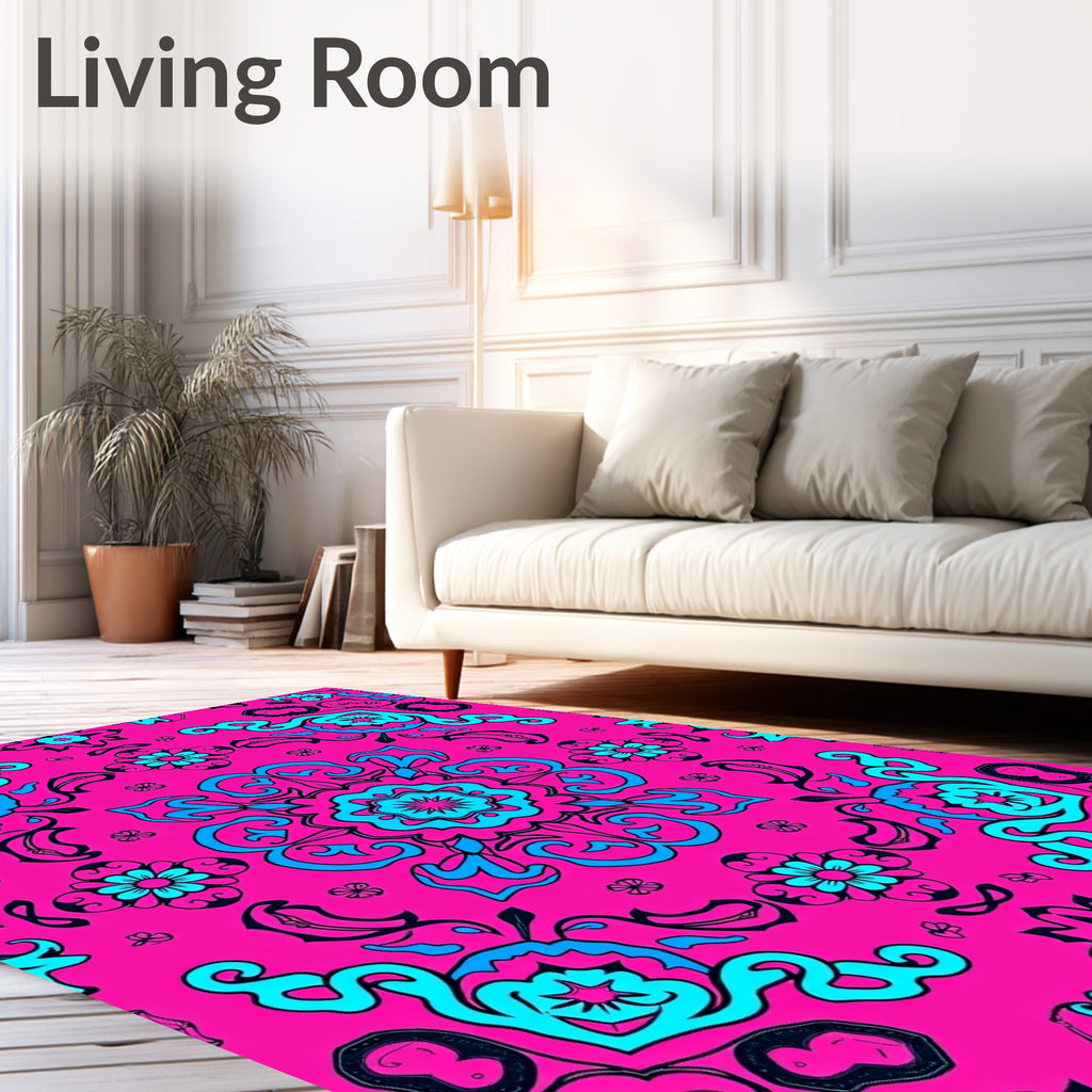 Vibrant Pink Turquoise Floral Mandala Rug